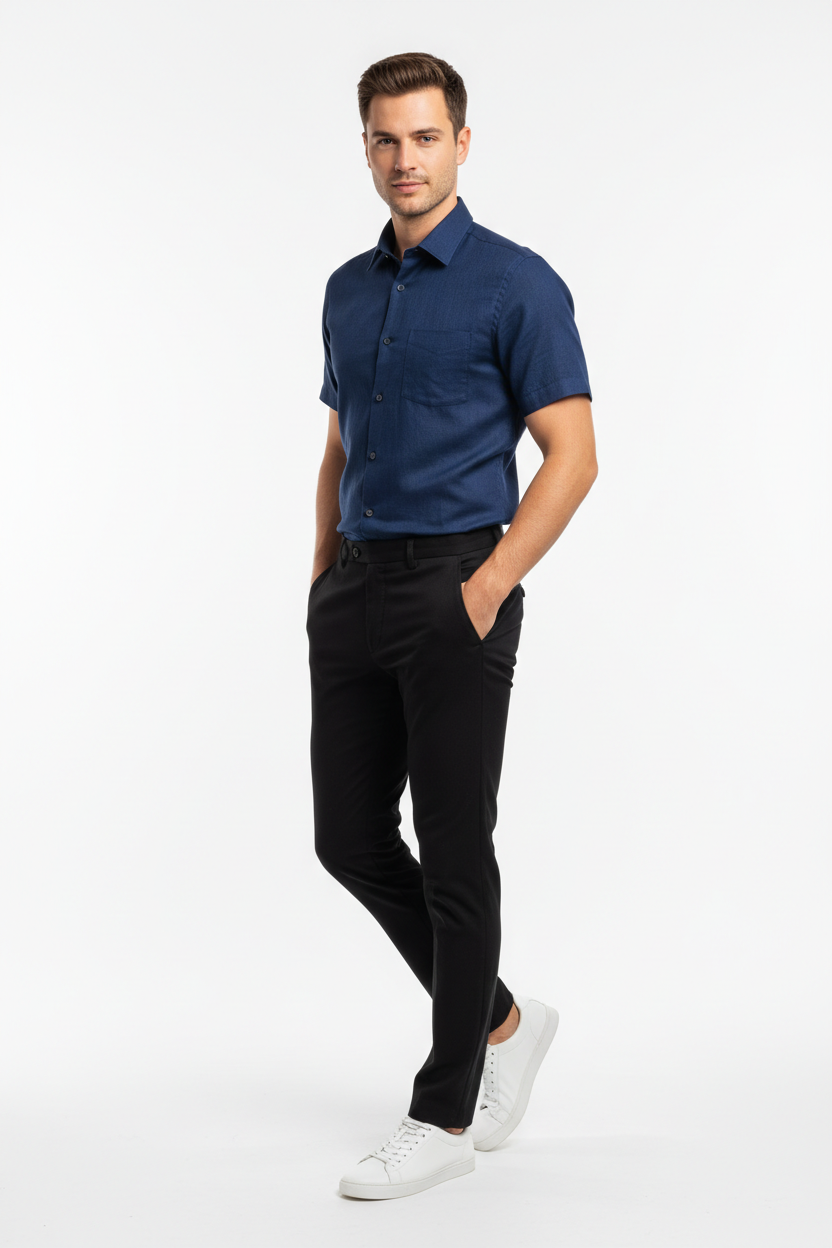Plain navy blue short sleeve formal shirt for men