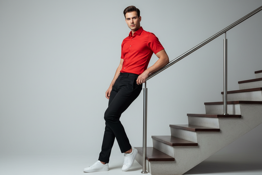 Diagonal full body pose of photo realistic portrait of a stylish male model wearing a vibrant (#FF0000) short-sleeve Formal shirt, slim-fit black pants, and crisp white minimalist sneakers, detailed clothing texture, studio lighting, clean background, full color, leaning on diagonal bar or rail with staircase, body at 45-degree angle to camera, dynamic composition, leading lines