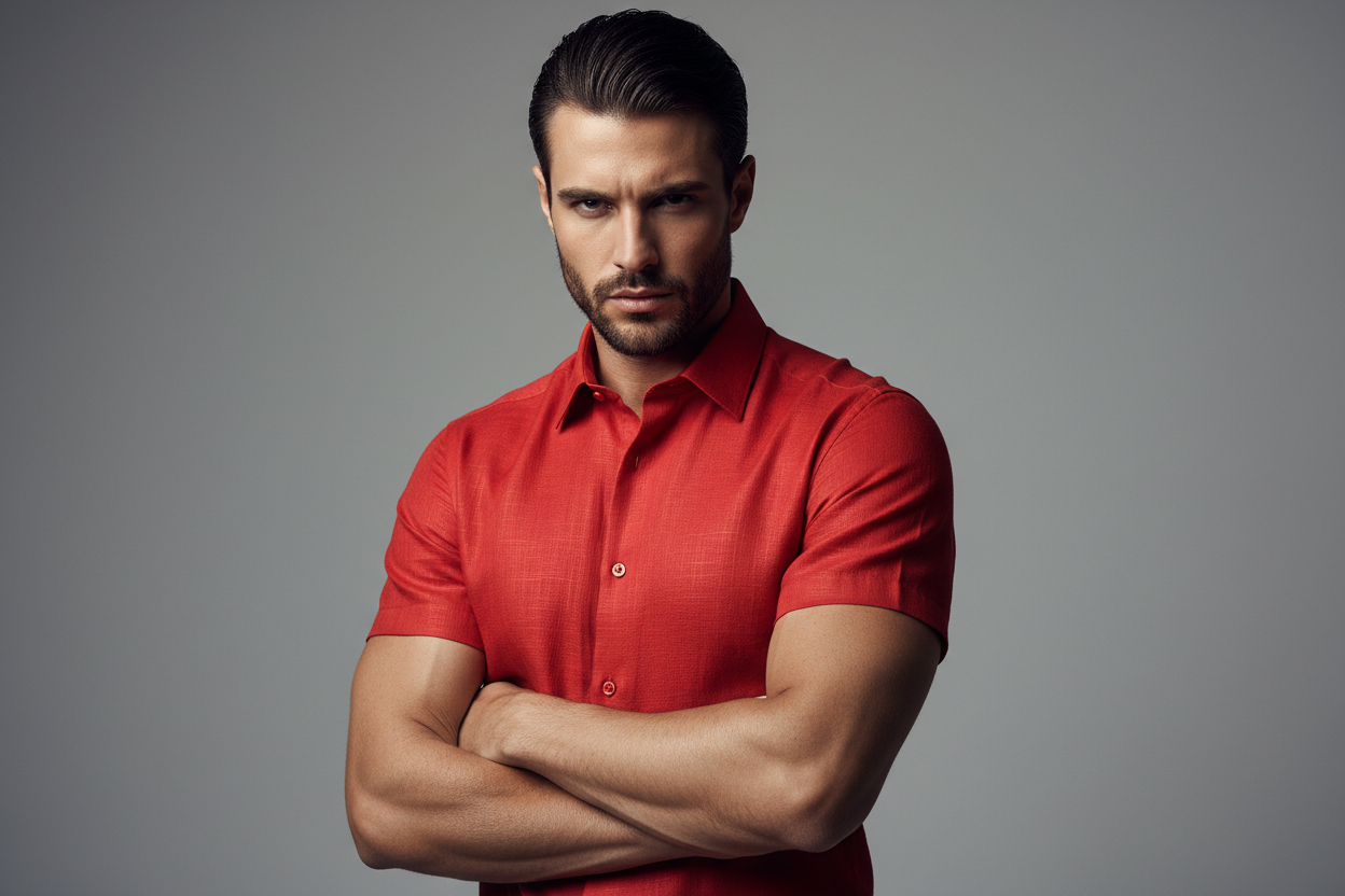 #FF0000  Half body shot of photo realistic portrait of a stylish male model wearing a vibrant  short-sleeve Formal shirt,  detailed clothing texture, studio lighting, clean background, full color, arms crossed over chest emphasizing the  shirt, standing against gray background, serious fashion model expression