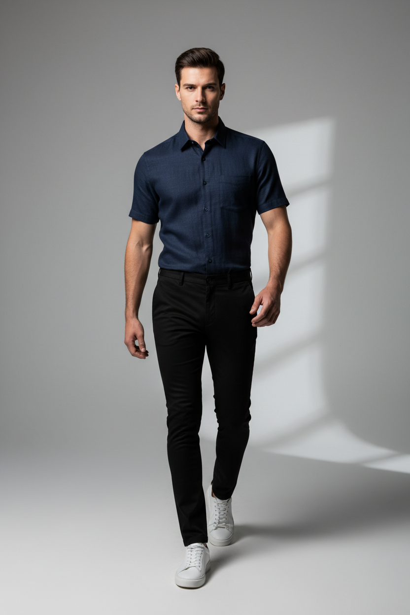 Elegant navy blue short sleeve office shirt