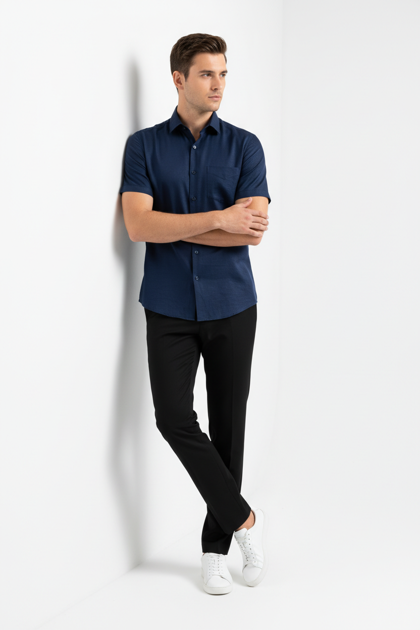 Breathable navy blue cotton short sleeve shirt