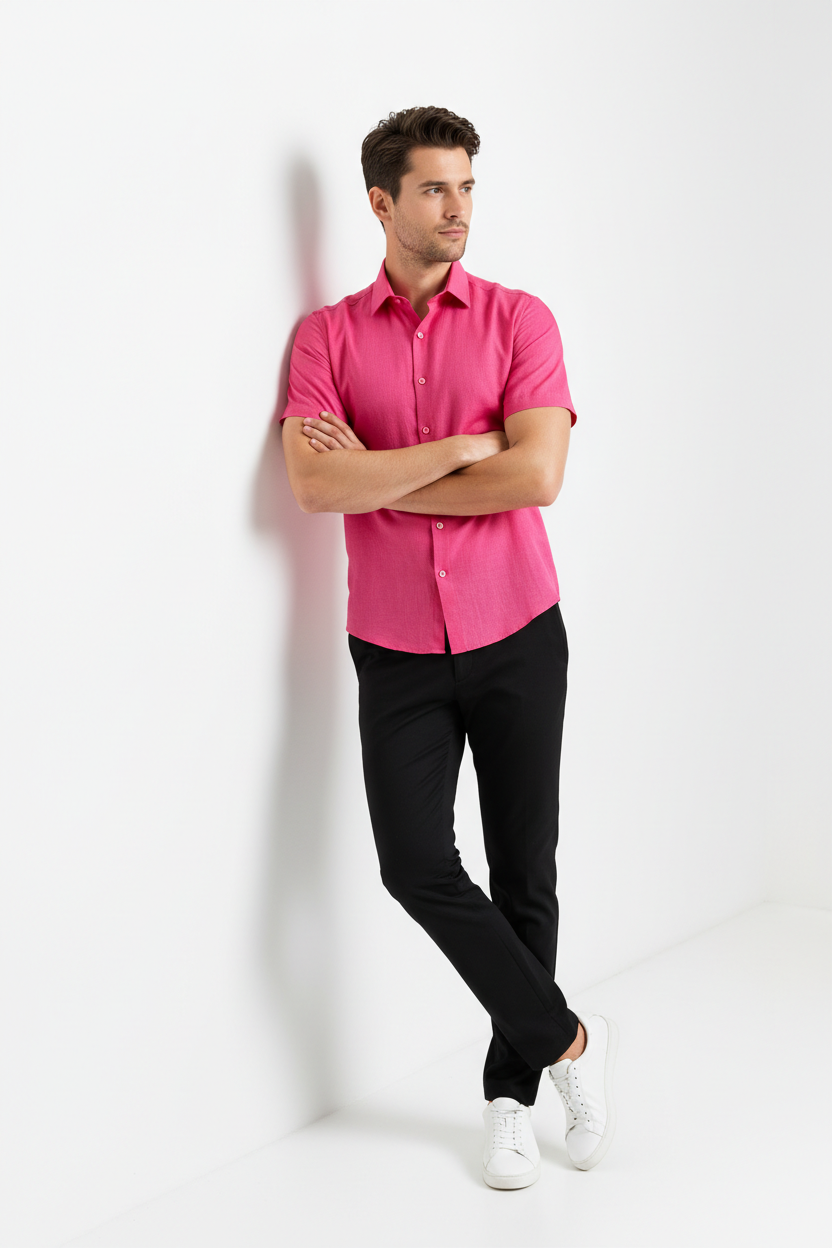 Full body pose of photo realistic portrait of a stylish male model wearing a vibrant () short-sleeve Formal shirt, slim-fit black pants, and crisp white minimalist sneakers, detailed clothing texture, studio lighting, clean background, full color, leaning against a white studio wall with one shoulder, arms crossed, looking slightly away from camera, sophisticated casual vibe  #FF69B4