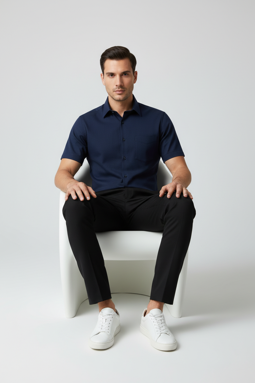 Navy blue short sleeve formal shirt for men