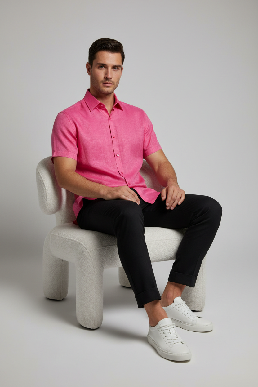 Full body shot of photo realistic portrait of a stylish male model wearing a vibrant () short sleeve Formal shirt, slim-fit black pants, and crisp white minimalist sneakers, detailed clothing texture, studio lighting, clean background, full color, sitting on a white modernist cozy chair, one leg crossed over the other, hands resting on knees, showing full outfit while seated #ff69b4