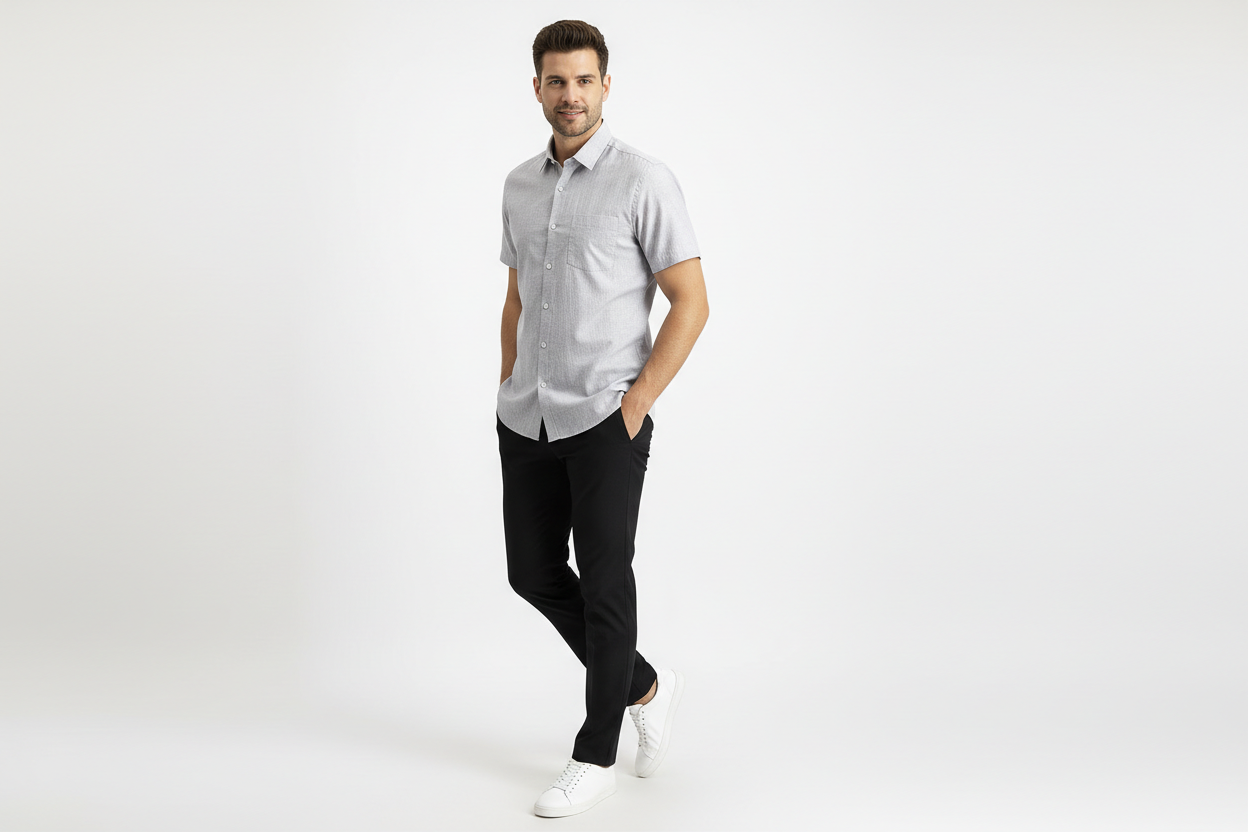 Full body shot of photo realistic portrait of a stylish male model wearing a vibrant () short-sleeve formal shirt without pocket , slim-fit black pants, and crisp white minimalist sneakers, detailed clothing texture, studio lighting, clean background, full color, standing casually with hands in pockets, one leg slightly bent, confident relaxed expression, slight side angle to show outfit flow, dynamic pose#D5D6D5
