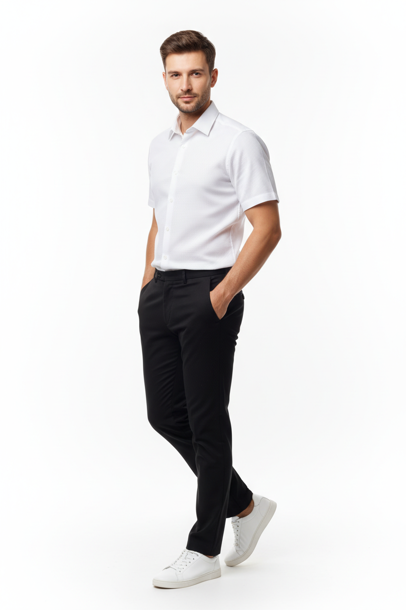Full body shot of photo realistic portrait of a stylish male model wearing a vibrant (White) Short-sleeve formal shirt, slim-fit black pants, and crisp white minimalist sneakers, detailed clothing texture, studio lighting, clean background, full color, standing casually with hands in pockets, one leg slightly bent, confident relaxed expression, slight side angle to show outfit flow, dynamic pose