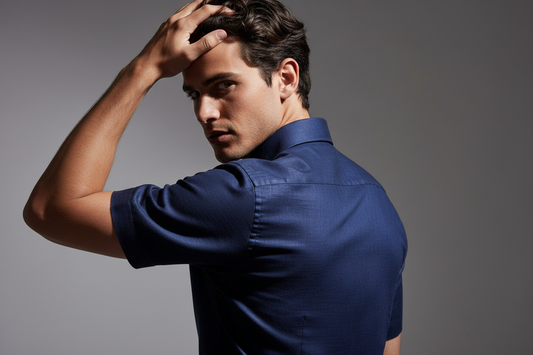 Half body shot of photo realistic portrait of a stylish male model wearing a vibrant (Dark Navy) short-sleeve Formal shirt, detailed clothing texture, studio lighting, clean background, full color, looking back over shoulder at camera, hand brushing through hair, showing back of outfit, slightly dramatic lighting