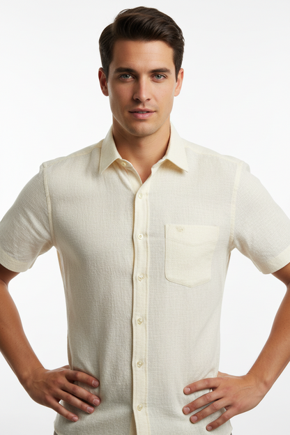 Soft cream beige short sleeve formal shirt for men